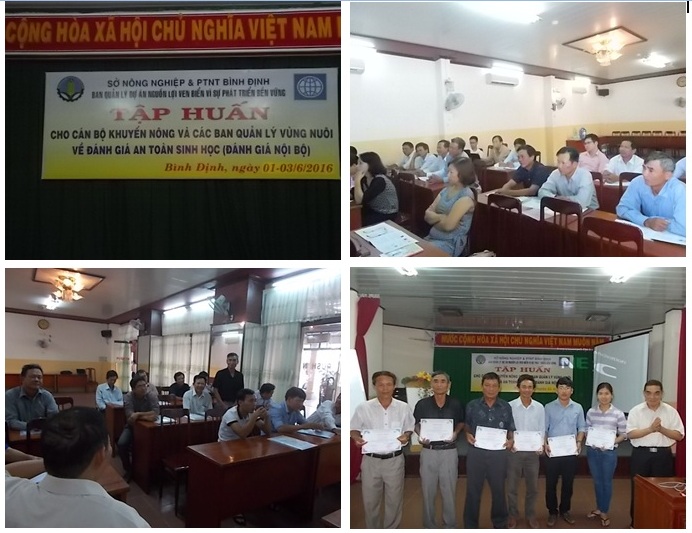 Đào tạo/ tập huấn cho cán bộ khuyến nông và các ban quản lý vùng nuôi về đánh giá an toàn sinh học trong nuôi trồng thủy sản thương phẩm tại Bình Định